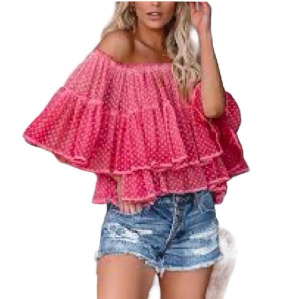 Lovestitch Boho Ombré Tiered Off The Shoulder Swiss Dot Blouse Size M NW…